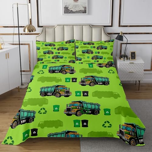 Garbage Trucks Bedspread Queen,Kids Cartoon Car Bedding Bed Cover,Boys Girls Teens Green Vehicle Cars 3 Pieces Coverlet Set with 2 Pillowcases,Rubbish Car Vehicles Bed Cover Sets for All Season