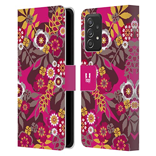 Coque portefeuille premium Galaxy A52 en cuir robuste avec design botanique magenta