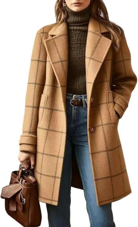 Women's Winter Notched Collar Plaid Trench Coat, Casual Checkered Mid Long Dress Blazer Single Breasted Jackets
