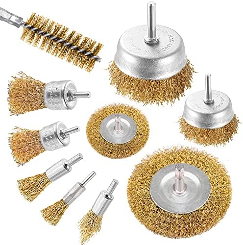 Drill Wire Wheel Brush Set, 10pcs Brass Coated Wire Brush Wheel Set, Cup Brush and Tube Brush Kit for Cleaning, Rust Removal, Polishing, Deburring & Paint Removal