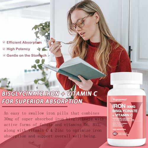Iron Bisglycinate Supplement for Women & Men - 30mg Iron Pills with Vitamin C, B12, Folic Acid - Chelated Iron for Anemia, Health Blood - High Absorption, Gluten-Free, Non-GMO - 60 Vegan Caps