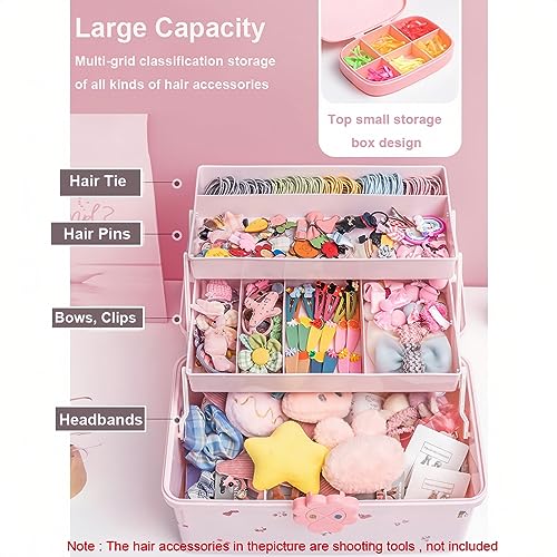 SEAHOME Hair Accessories Organizer for Girls Headbands, Clips, Ties Baby Girl Supplies, Lockable Three-layer Folding Craft Organizers and Storage Plastic Jewelry Box, 11.4x6.3x6.3in - Image 3
