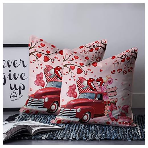 Throw Pillow Cover Happy Valentine's Day Rose Love Heart Red Truck with Gnome Couple Lovers Decorative Throw Pillow Case Super Soft Brushed Fabric Pillow Sham Cushion Case for Sofa Bed Couch-