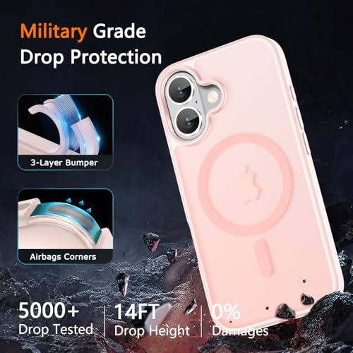 Image of LATVIN for iPhone 16 Case, Magnetic Phone Cover, Compatible with MagSafe, Military Grade Protection, Translucent Matte Frosted Back, Pink