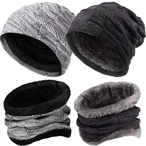 4 Pieces Mens Winter Beanie Hat And Scarf Set Thick Fleece Lined Neck Warmer And Knit Skull Cap For Men (Dark Grey, Grey) #TOP23