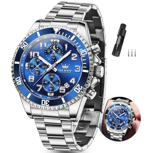 OLEVS Men Blue Watches,Classic Waterproof Silver Watch for Men Large