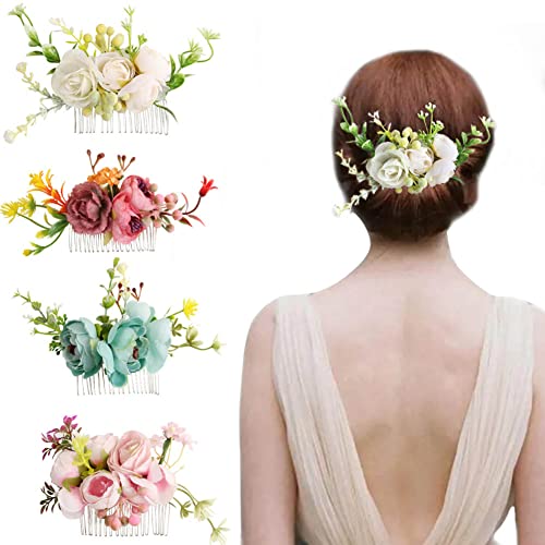 Yangshine Lot de 4 peignes à cheveux en métal avec dents en forme de fleur artificielle - Pour femme - Motif floral - 19 cm Cover