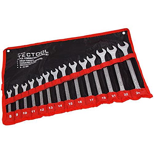 14 Piece Combination Spanners Set | 8mm - 24mm Ring and Open Ended Wrenches with Tool Storage Roll