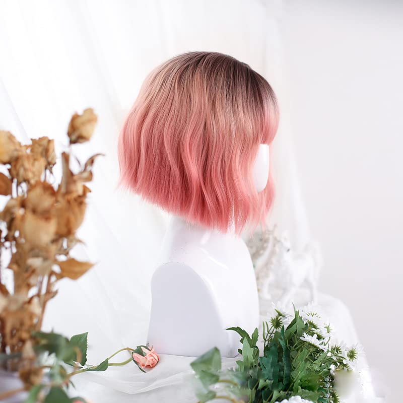 Ombre Pink Lolita Wig Natural Wavy Black Rooted Mixed Pastel Rose Pink Wigs Synthetic Heat Resistant Curly Hair for Women