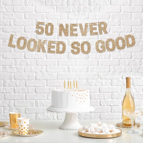 Image of Pre-Strung 50 Never Looked So Good Banner - Gold 50th Birthday Banner | No DIY - Pre-Strung on 10 ft Strands - Gold Glitter Birthday Party Decorations for Men & Women - Funny Bday Decor