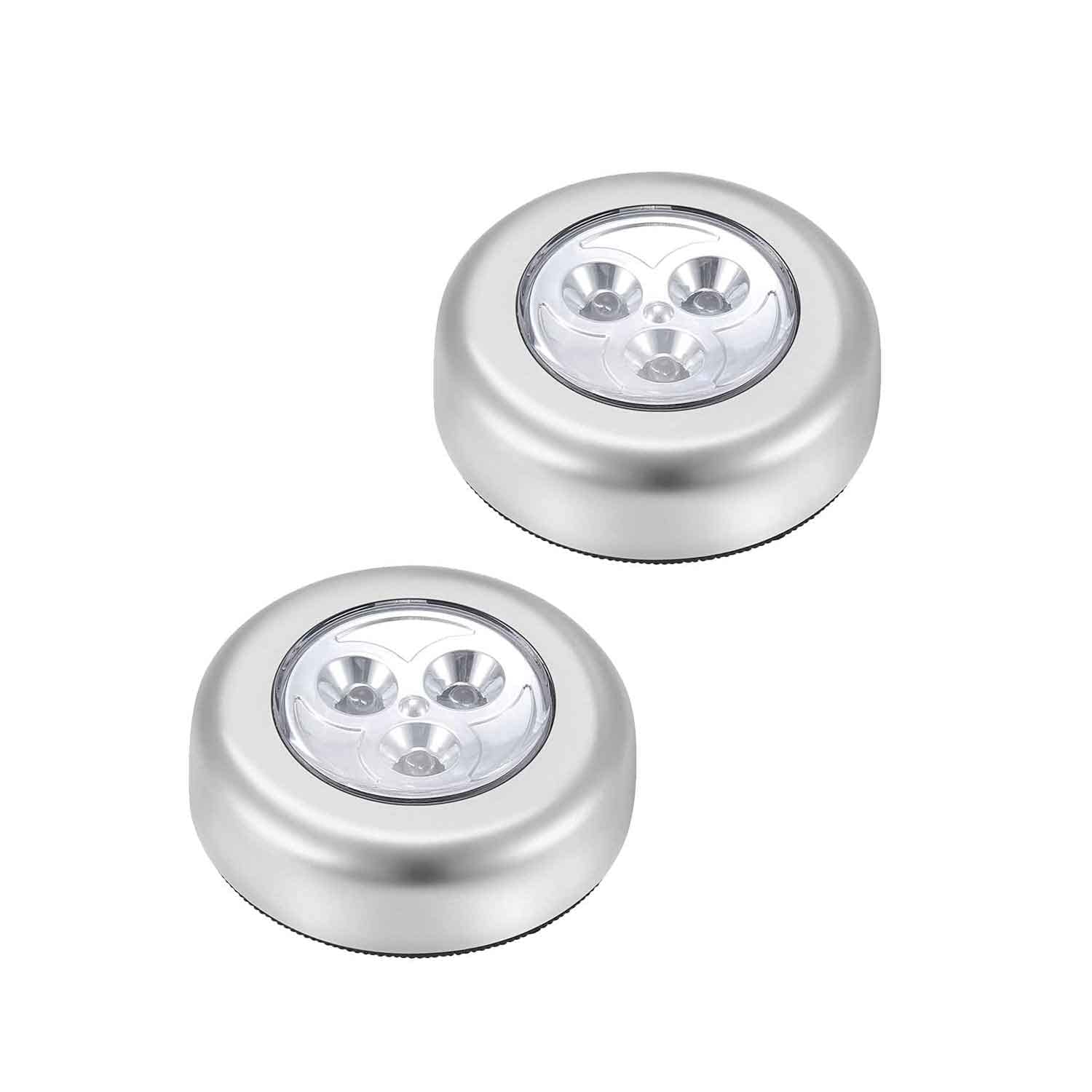 LED Battery-Powered Wireless Night Light Tap Touch Lamp, Self Adhesive Push Button for Closets, Cabinets, Counters, or Utility Rooms, Cordless Puck Shape, Batteries Not Included (2 Pack Push Lights)
