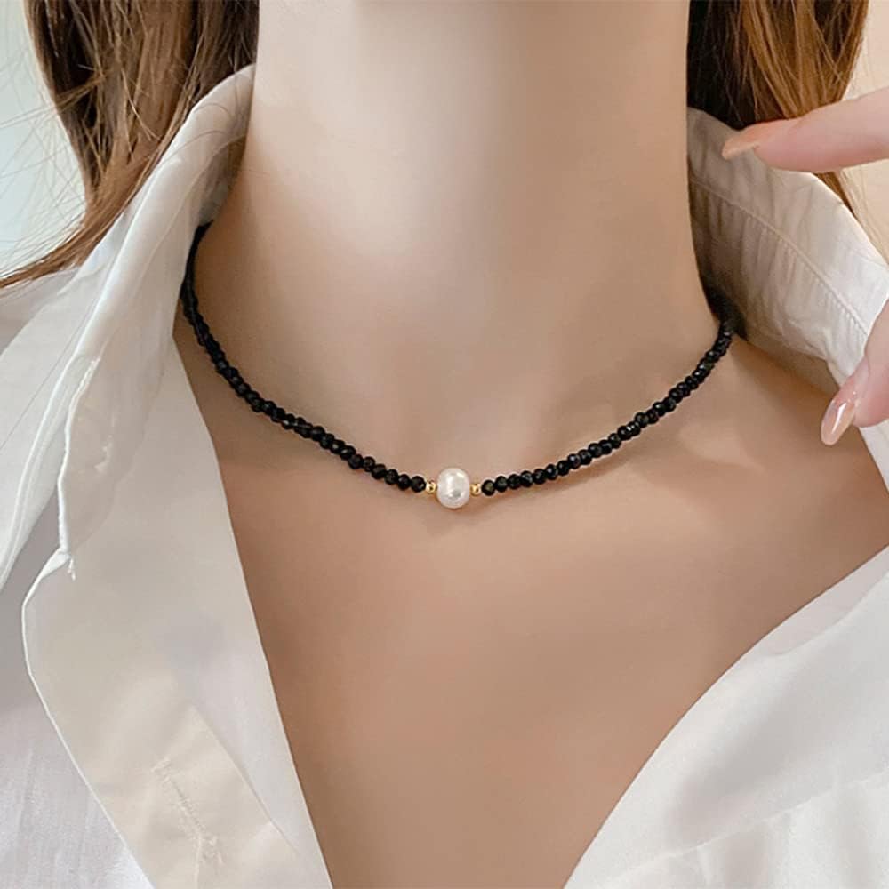 Octwine Black Simple Shiny Crystals Rhinestones Choker Cute Pearl Pendant Party Prom Choker Necklace Elegant Minimalist Necklace for Women - Image 2