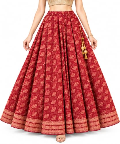 Image of Women's Ethnic Printed Flared Lehenga Skirt with Golden Tassels | Traditional
