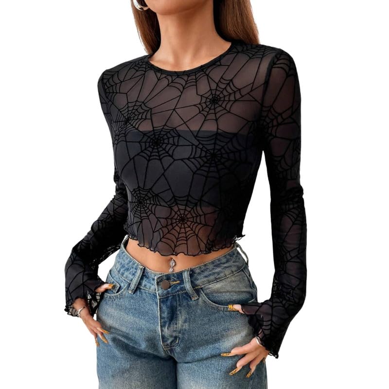 Mastyle® Women’s Spider Web Mesh Crop Top | Sexy Long Flare Sleeve See-Through Blouse for Clubwear-image-29