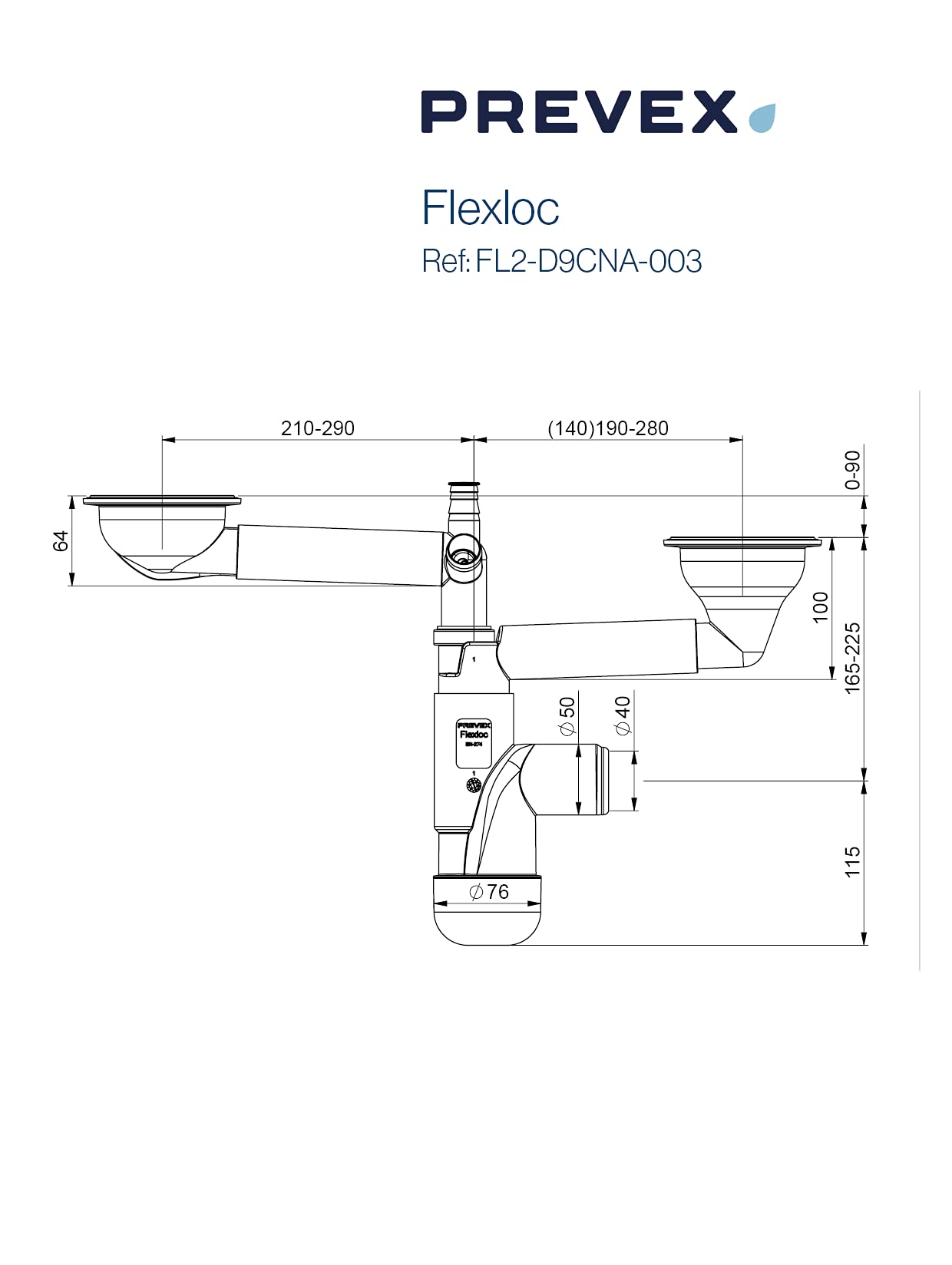 PREVEX Flexloc Siphon, platzsparend, universal, komplett mit 1,5 oder 2 Becken inkl. Ablaufgarnitur, Magnetabdeckung und 2 Überläufen für Küchenspülen/Spülbecken | aus recyceltem Kunststoff | komplett mit 1,5 oder 2 Becken, inkl. Ablaufgarnitur, Magnetabd