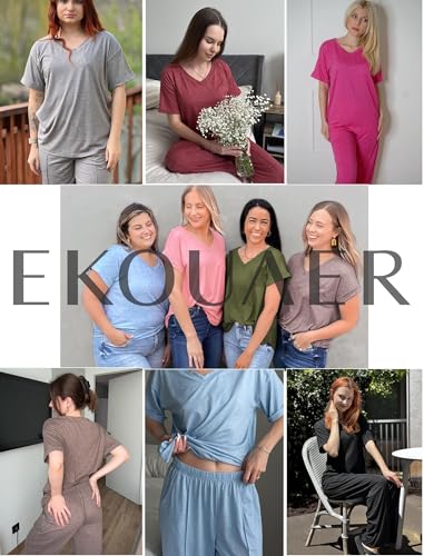 Image of Ekouaer Pajamas for Women Set 2 Piece Short Sleeve Tops with Long Pants V Neck Soft Pjs Casual Lounge Set with Pockets
