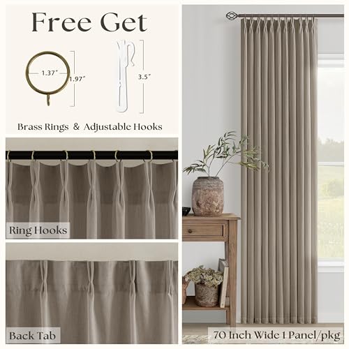 Image of Extra Wide Taupe Pinch Pleated Semi Sheer Linen Curtains for Living Room | Grey Beige, 70 inch wide Floor To Ceiling 120 inch Extra Long, Light Filtering Privacy, Glass Door, Faux Textured, Hook Rings