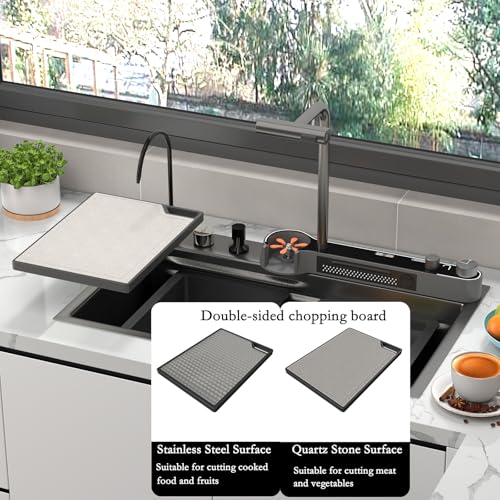 COZHAO Single Bowl Kitchen Sink One Piece Pull Out Faucet with Cup Washers and Waterfall, LED Screen Temperature Control, Water Purifying Faucet, Soap Dispenser, Smart Sinks （31.5 x 18.1 inch） by cozhao - Image 5