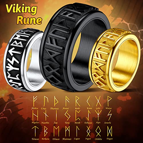 Rotating Fidget Rings Women's Spinner Bands 9Mm Black Stainless Steel Norse Rune Band Ring Amulet Thumb Finger Charms #TOP3