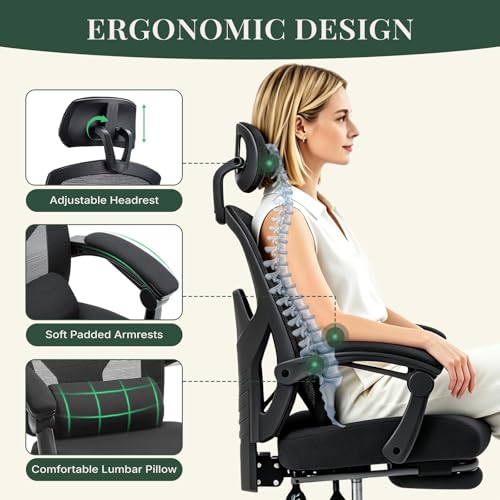Image of Ergonomic Office Chair with Footrest, High Back Home Desk Computer Chair with Lumbar Support & Headrest, 90-135 Reclining Mesh Back with Wheels for Work, Gaming, Black