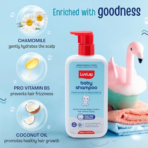 Image of LuvLap Milky Soft Baby Shampoo - 400ml, Tear Free Formula, with Milk Protein, Vitamin E & Coconut Oil, Shea Butter & Chamomile, Gentle Care for Baby's Soft Hair, No Paraben, Dermatologically Tested
