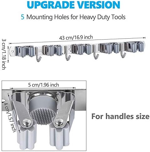 Saxhorn Broom Mop Holder Tidy Organizer, Stainless Steel Wall Mounted Organizer with 5 Position 4 Hooks for Brush Mop and Broom Tool Storage, Gray