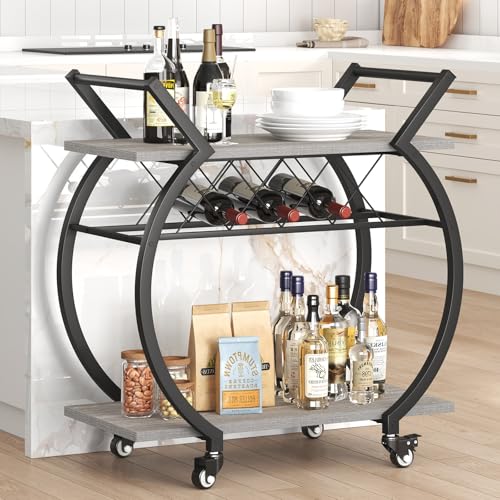 Image of LVB Bar Carts for the Home, Industrial Wine Cart with Storage, Grey Oak