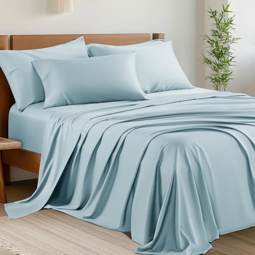 Image of Shilucheng 6 Piece King Sheet Sets, Cooling Sheets, Blend Rayon Derived from Bamboo, Deep Pocket Up to 16 inch, Breathable & Soft Bed Sheets, Hotel Silky Bedding Set, Spa Blue