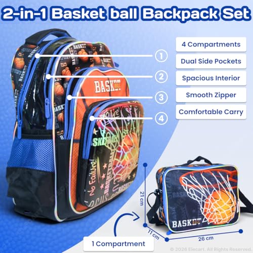 Image of Basketball School Bag Combo Set for Boys | 15 Inch Sports Backpack with Matching Lunch Bag | Lightweight Waterproof |School Essentials for Nursery, Kindergarten & Primary Students