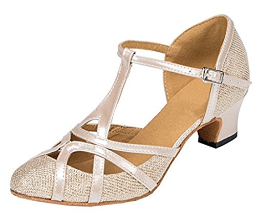 MGM-Joymod T-Starp - Zapatos de baile latino para mujer, diseño sintético con purpurina, para boda, tango, baile, Champán tacón de 5 cm., 39.5 EU