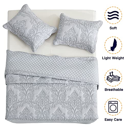 Image of CHIXIN Oversized Bedspread Coverlet Set King Size - Lightweight Bedding Cover - Beautiful Stitching - 5 Piece Reversible Bedspread - Luxury Damask Paisley Pattern (King, Light Grey)