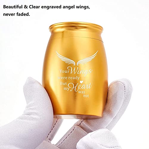 Image of Small Gold Cremation Urn for Human for Women Men with Velvet Bag | 2.6x1.7Inch Aluminum Mini Keepsake Urns for Ashes Adult Male /Female with Angel Wings