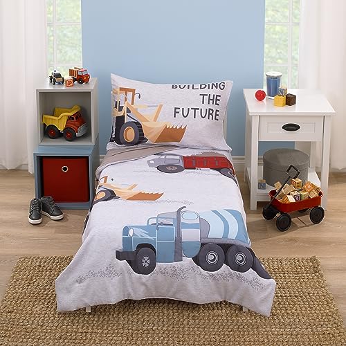 Image of Everything Kids Trucks Gray, Red, Blue, and Yellow Building The Future 4 Piece Toddler Bed Set - Comforter, Fitted Bottom Sheet, Flat Top Sheet, and Reversible Pillowcase