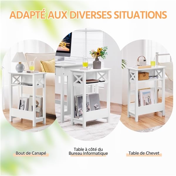Yaheetech Table D'Appoint Bout De Canapé Avec Porte-Revue - Table Étroite Gain De Place 50x25x70 Cm Blanc - Table De Chevet Moderne