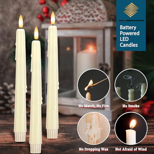 Image of Dripless Real Wax Flameless Taper Candles with Remote Timer,Battery Operated LED Candles Set with 3D Flickering Flame,9.6 inch Realistic Dripless Candlesticks for Wedding Home Decor,6 Pack Ivory