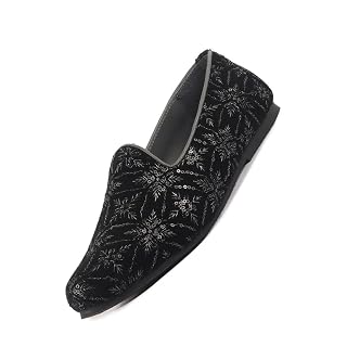 FAUSTO FST KI-3655E BLACK-36 Men Black Silk Zardosi Sequin Velvet Ethnic Slip On Juttis and Mojaris for Festive|Indian Traditional Sherwani Shoes for Wedding|Slip On Shoes for Groom (2 UK)
