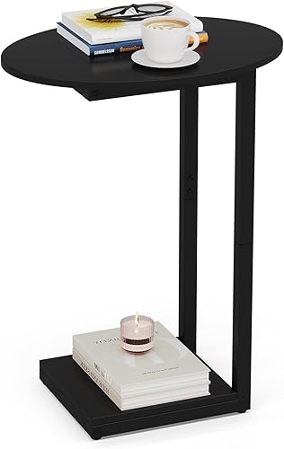 Hosfais Mesa auxiliar pequeña Mesa auxiliar de madera en forma de C, bandeja de TV para comer mesas de sofá para espacios pequeños, sala de estar,