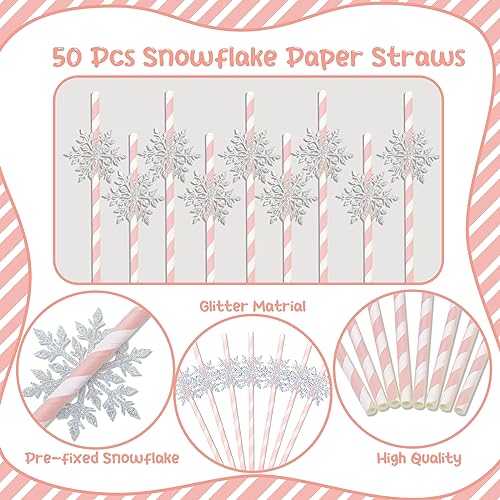 Serencatcher 50pcs pitillos de papel con copo de nieve rosa miniatura 2