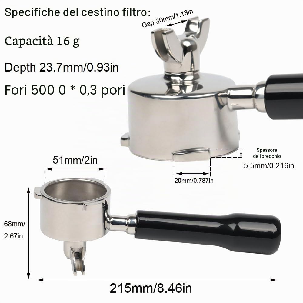 Porta filtro 51 mm a 3 bracci con doppio beccuccio per Delonghi Dedica EC680/EC685/EC785/EC820/EC850/EC860, cestello filtrante con maniglia in ABS e porta filtro in acciaio inossidabile, nero
