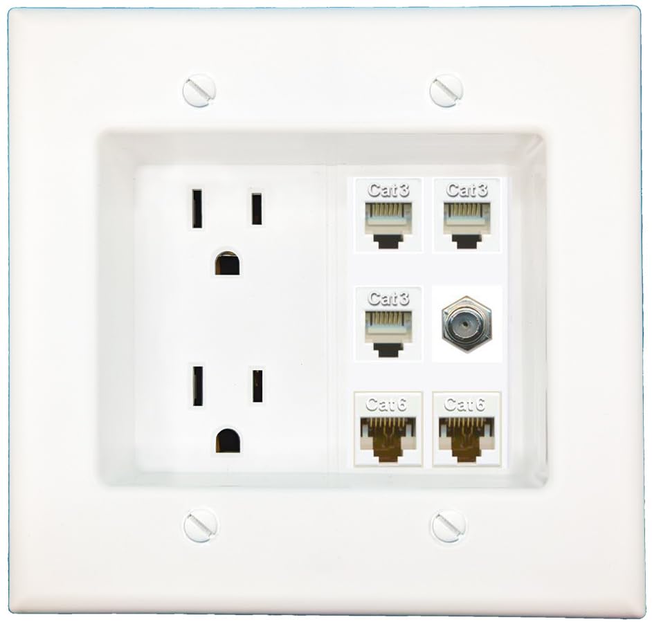 RiteAV Recessed Duplex Receptacle Outlet 2 CAT6 Coax 3 Phone Wall Plate White