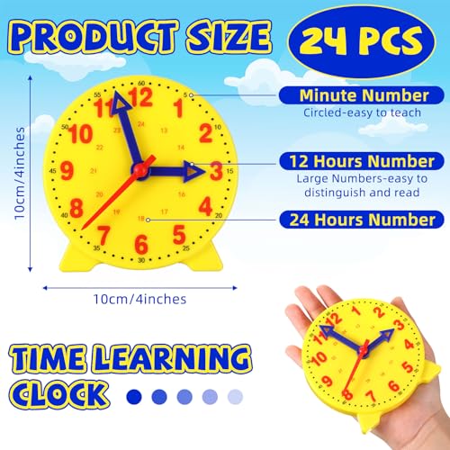 Image of Batiyeer 24 Pcs Teaching Clock Kit for Kids to Tell Time Teaching Mini Geared Clock for Kids Basic Math Development Teacher and Classroom Supplies, 4 Inch(Yellow)