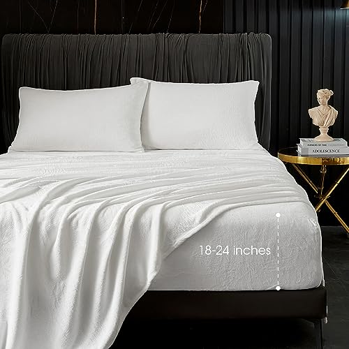 HYPREST Flannel Sheets King, Deep Pocket King Sheets fits Mattress Up to 24" Inches,250 GSM Velvet Plush Fleece Warm No Slip Bed Sheet Sets White