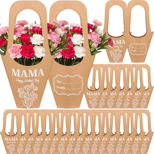 Kolldenn 50 Pack Mothers Day Flower Bouquet Bags with Handles Kraft Paper Floral Wrapping Sleeves Portable Flower Gift Bags for Florists Party Favors Gifts