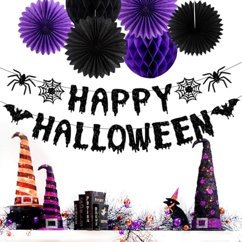 Image of Purple Black Happy-Halloween Party Decorations - 13PCS Spider Web Bats Streamers Banner ,Paper Flowers Lanterns Tissue Pom Poms Fans, Classroom Birthday Bachelorette Hanging Supplies Decor Hugfond