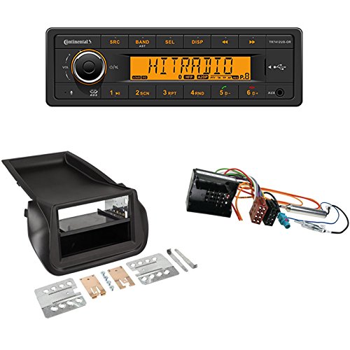 Zestaw do montażu: Continental TR7412UB-OR radio samochodowe Bluetooth RDS USB + 2-DIN ramka radiowa + kieszeń czarna + adapter ISO z Phantomfür FIAT Fiorino (225) Citroën Nemo (A) Peugeot Bipper (225L/A) od 02/2008