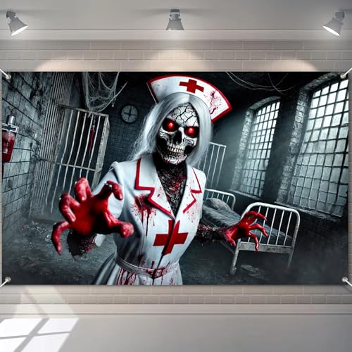 BlissYard Halloween Banner Creepy Nurse Skeleton Party Backdrop 71x43 Inch