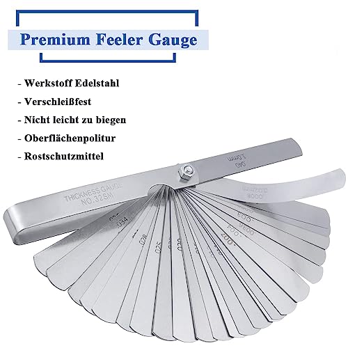 Mesee 32 Klingen Edelstahl Fühlerlehre Set, Feeler Gauge Messwerkzeug, 0,02-1,0mm Doppelt Markierte Metrik und Imperial Messwerkzeug, für Messung Gap Breite Abstandslehre