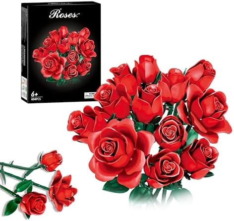 Valentines Roses Flower Bouquet Building Set, Flowers Botanical Collection Blocks Kit for Her Best Adults Wife Women Gift for Valentines Halloween Artificial Plant Home Decor