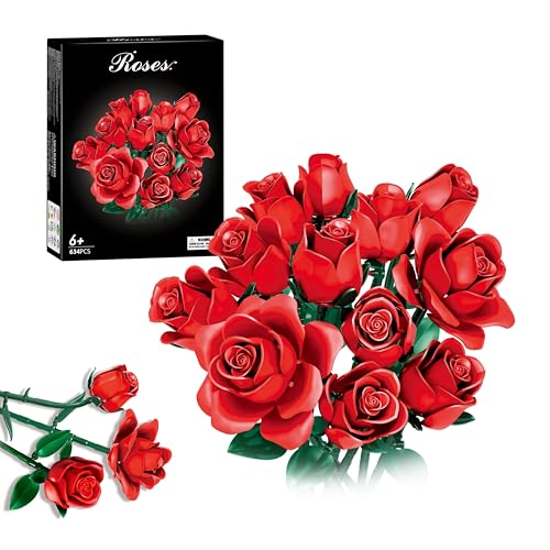GoStock Set di Costruzione Bouquet di Fiori, 12 Rose Rosse Artificiali Collezione Botanica Giocattoli da Costruzione Regalo per Bambine Donne San Valentino Festa della Mamma Natale, 634 Pezzi