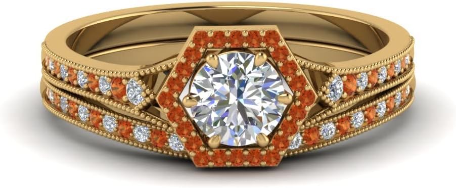 Choose Your Gemstone Vintage Hexagon Halo Bridal Ring Set Yellow Gold Plated Round Shape Wedding Ring Sets Affordable for Your Girlfriend, Wife, Partner Wedding US Size 4 to 12